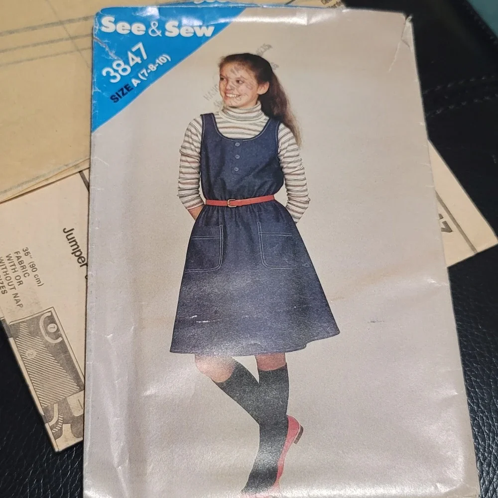 Vintage See & Sew Butterick 3847 Girls Jumper Dress Pattern Uncut Size 7-10